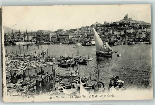 Marseille 1905 le Vieux Port et Notre Dame de la Garde Fischerboot Segelschiff