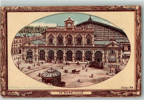 Lille 1915 La Gare Bahnhof Tram Straßenbahn Uhr Kutsche Feldpost Reserve Korps sign.