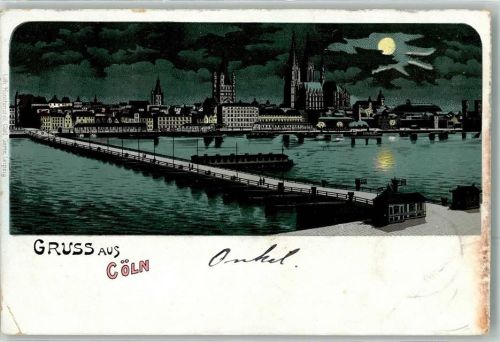Köln Altstadt-Nord 103 1899 Lithographie Dom Schiffbrücke Mondschein