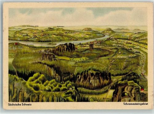 Postelwitz Naives Aquarell der Elbe mit Shrammsteingebiet und Umland
