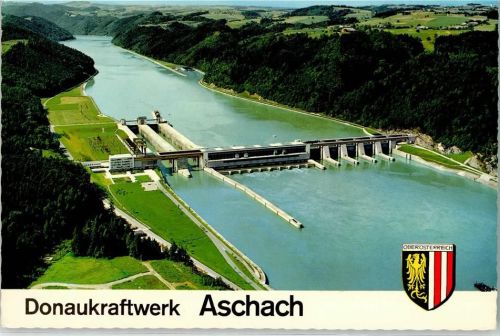 Aschach Donaukraftwerk Fliegeraufnahme nur Scan beschnitten