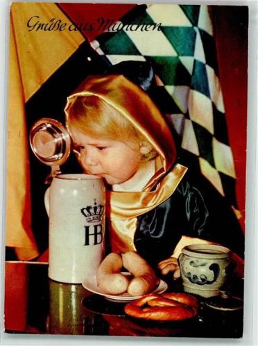 München 1964 Münchner Kindl mit Maßkrug Brezel und Weißwürste