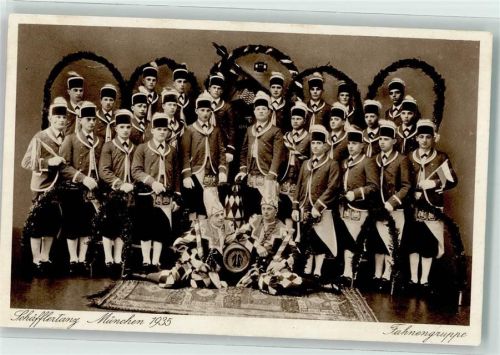 München 1935 Schäfflertanz Fahnen-Gruppe Tracht Harlekin Brauchtum