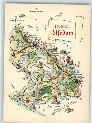 Usedom Stilisierte Landkarte der Insel Usedom sign. A.Hoppe VEB Volkskunstverlag
