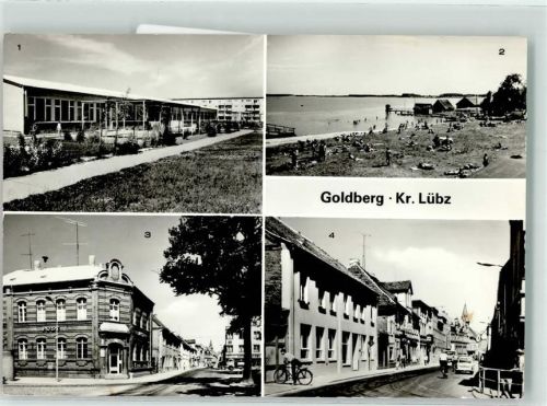 19399 O2862 Goldberg , Meckl - am See Kindergarten Postamt u. Straße des Friedens Fahrrad Oldtimer Litfaßsäule