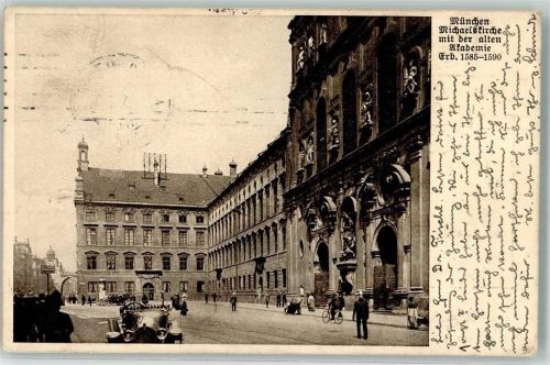 München 1912 Michaelskirche mit der alten Akademie Oldtimer Fahrrad Litfaßsäule