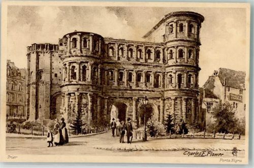 Trier Porta Nigra Aquarell sign. C.Flower Photogravüre Serie Trier No.1639