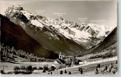 Gschnitz 1960 mit Pfarrkirche Unsere Liebe Frau vom Schnee und Garklerin Weisswand Schafkamm-Spitze Schnee-Spitze und Simminger Ferner
