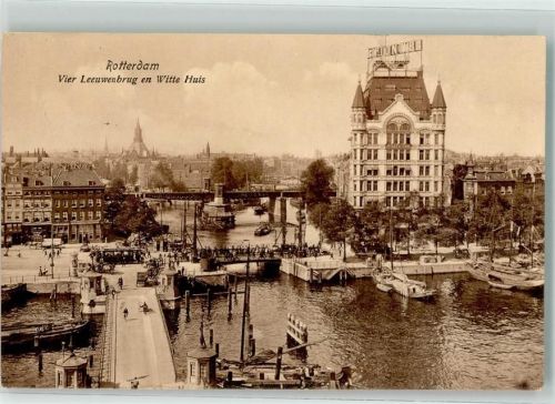 Rotterdam 1914 Vier Leeuwenbrug en Witte Huis Straßenbahn Fischerboot