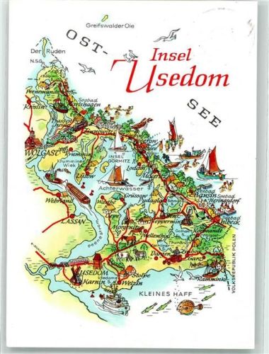 Usedom 1986 Stilisierte Landkarte der Insel Usedom sign. A.Hoppe VEB Bild und Heimat