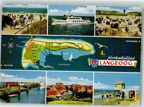Langeoog Strand Schiff M.S. Langeroog III Strandkorb Dünen Inselbahn Eisenbahn Meer Bademode Segelboot Wappen Nordseeheilbad Möwe