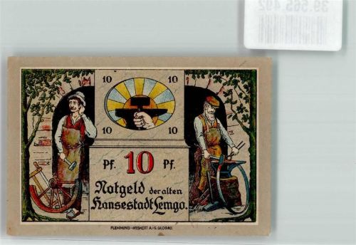 Lemgo Notgeld 10 Pfennig Alte Hansestadt Beruf Schmied Handwerk Werkzeug 1921