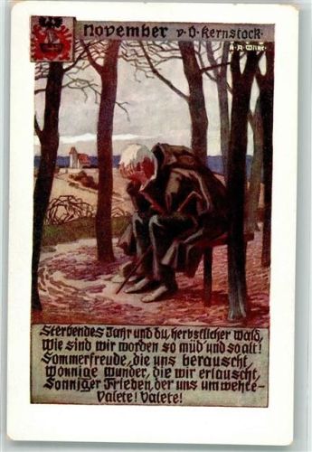 sign. Wilke November Alter Mann sinniert auf einer Bank im Wald Gedicht von Kernstock Verlag des Vereines Südmark Karte Nr. 89