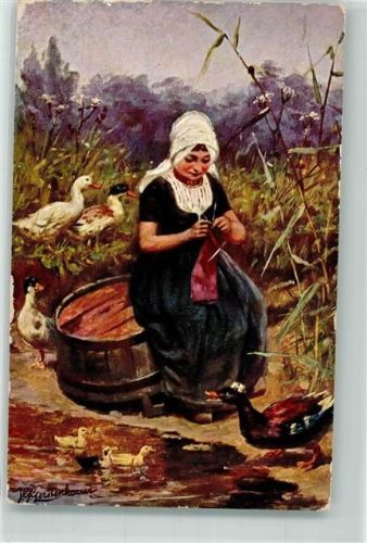 Frau Gänse Enten Künstlerkarte Verlag de Haan Serie 87