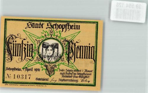 Schopfheim 1921 Schwarzwaldtracht 50 Pfennig Wappen Der Mann im Mond sign. J.P. Hebel