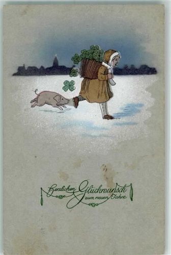 1922 Neujahr Kind mit einer Kiepe beladen mit Glücksklee