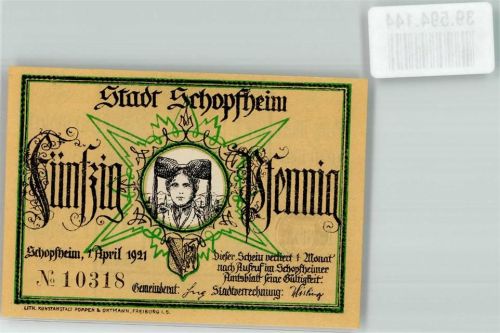 Schopfheim 1921 Schwarzwaldtracht 50 Pfennig Wappen Der Mann im Mond sign. J.P. Hebel