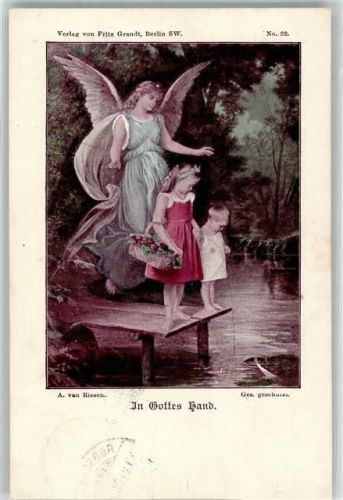 1900 sign. Riesen van A. In Gottes Hand Kinder Korb Blumen