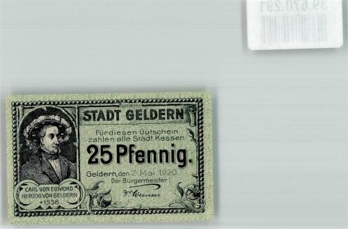 Geldern 25 Pfennig Gutschein Notgeld Carl von Egmond Herzog Wappen Löwe Blumen Türme