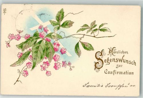 1902 Ein Kreuz hinter einem Zweig und rosa Blüten Lithographie