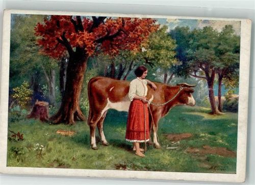 sign. Gareis, A. Bei Sonnenaufgang Barfüssige junge Frau mit ihrer Kuh D.K. & Co.P. 632