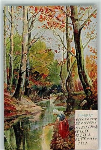 1902 Herbst Frau Angeln sign. Schröder KB Serie 772 Künstlerkarte