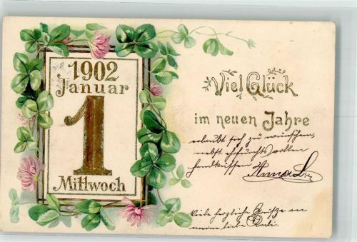 Neujahr 1902 Kalenderblatt Glücksklee mit Blüten Litho
