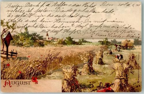 1902 August Bauern bei der Erntearbeit neben einem Feldkreuz Monatsgrüße Serie II Verlag M. Seeger