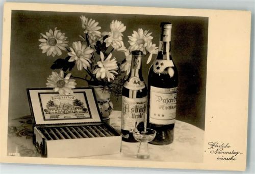 1940 Zigarrenkiste Exquisitos Alkohol Asbach und Dujardin Werbung Namenstag