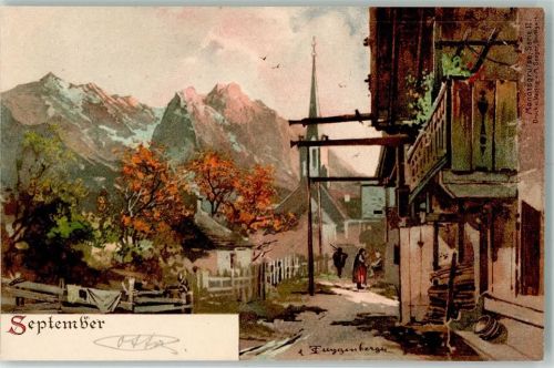 sign. Guggenberger September Die Bäume färben sich im Dorf vor einer Hochgebirgskulisse rot Monatsgrüße Serie II Verlag M. Seeger