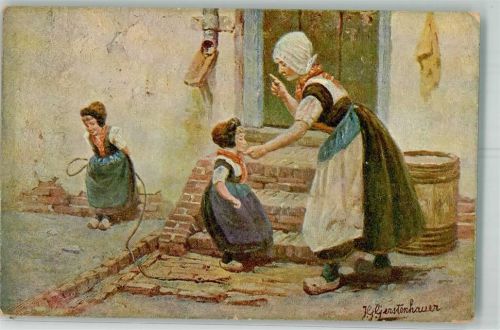 1915 Holländische Mutter in Tracht schimpft mit ihrer Tochter Feldpost WK I Hannover Werbung Cacao Grootes