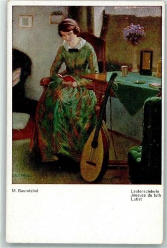 Frau Buch lesen sign. Baurnfeind Lautenspielerein
