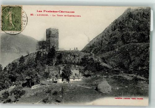 Bagneres-de-Luchon 1919 Burg Aussichtsturm Briebmarke Bildseite