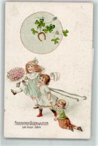 1920 Kinder eilen mit Blumenstrauß zum gratulieren Glücksklee Hufeisen