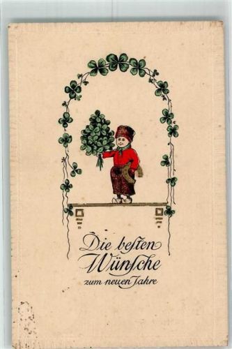 1918 Hollandkind in Tracht Holzschuhe Girlande aus Kleeblättern Hufeisen