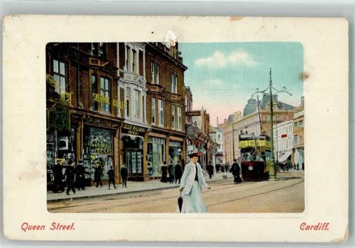 Cardiff 1909 Straßenbahn Geschäft Queen Street