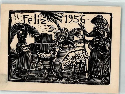 1956 Druck eines Linolschnitt Feliz Frauen mit Hund und Schaf bei der Feldarbeit Bildkarte