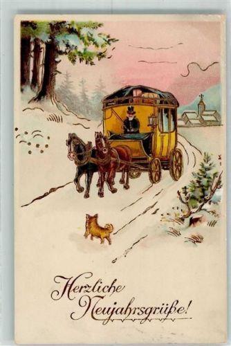1928 Neujahr Zweispännige Kutsche lässt das Dorf hinter sich Hund