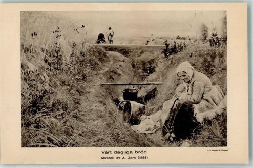 Gemälde Aquarell von A. Zorn Vart dagliga bröd Armut Kind sammelt Reisig Alte Frau sitzt im Graben mit einem Kochtopf