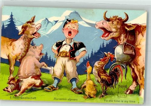 Nr. 2 Harmonie alpestre Tiere vermenschlicht Schwein Kuh Hahn Hund Humor Karitkatur