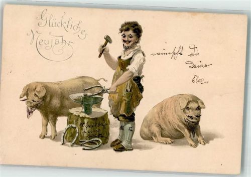 1903 Schmied zwischen zwei Schweinen hämmert ein Hufeisen WV 5392