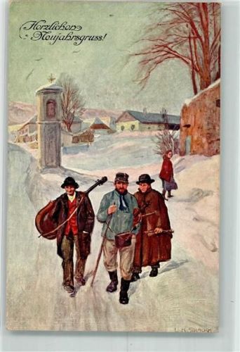 1919 sign. Strauch Musikanten mit Cello Geige und Flöte verlassen die Stadt W.R.B. & Co. Serie Nr. 22-90
