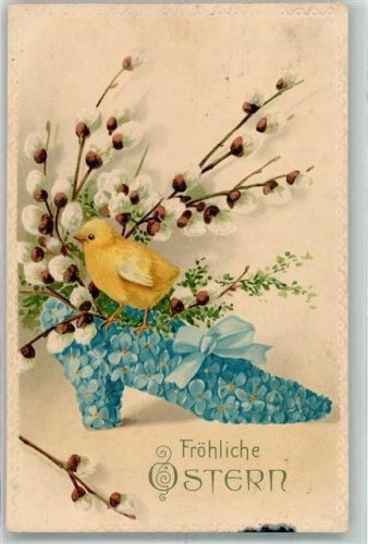 1909 Schuh aus Blüten vom Vergissmeinnicht Küken Käztzchenzweige Ostern Verlag Erika Serie 4108