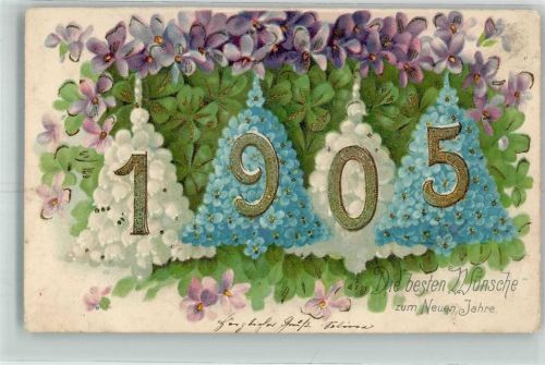 1905 Prägedruck Neujahr 1905 Vergissmeinnicht Veilchen als Glocken