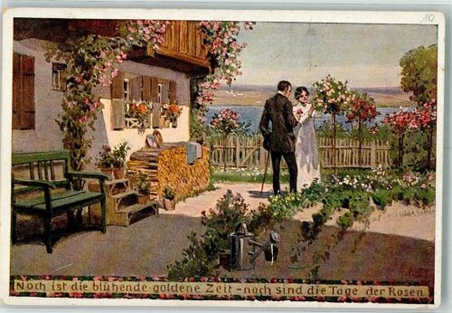 Sommer Nr. 2 Mann und Frau im blühenden Garten Verlag Abshagen Nr. 196 Künstlerkarte