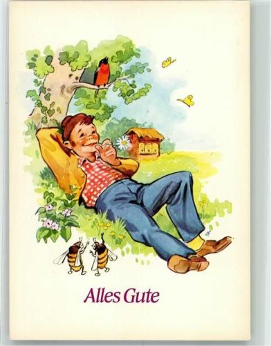 Nürnberg Unter einem Baum dösender Junge und sich unterhaltende Bienen Tiere vermenschlicht Werbung Firma E. Otto Schmidt Lebkuchen und Honig