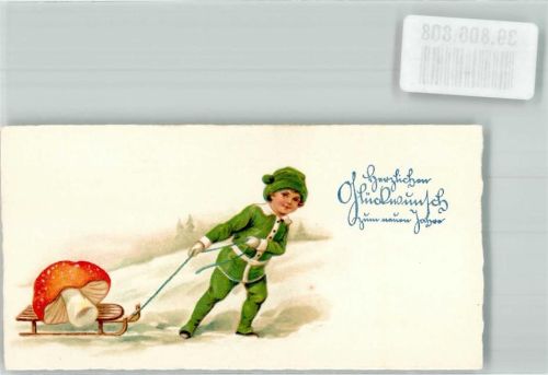 Miniaturkarte Neujahr Pilz Schlitten Kind