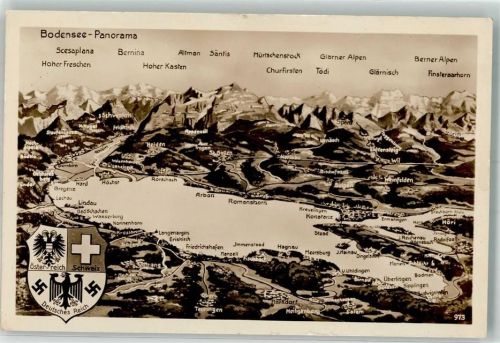 Friedrichshafen Vogelschau des Bodensees mit den Anrainerstädten und Alpenpanorama Verlag Karl Alber