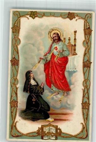 Nonne betet zu Christus Heiligenschein Bibel Golddruck Jugendstil-Umrandung