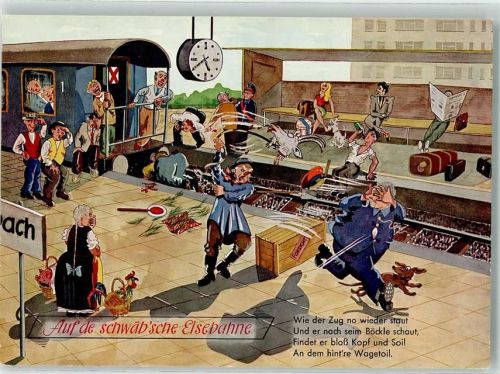 Auf der schwäbsche Eisenbahne Humor Tracht Hund